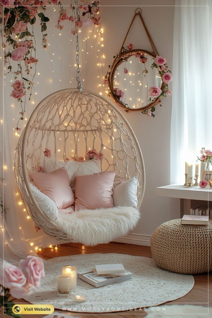Romantic Rose-Quartz Bedroom with a Hanging Macrame Chair