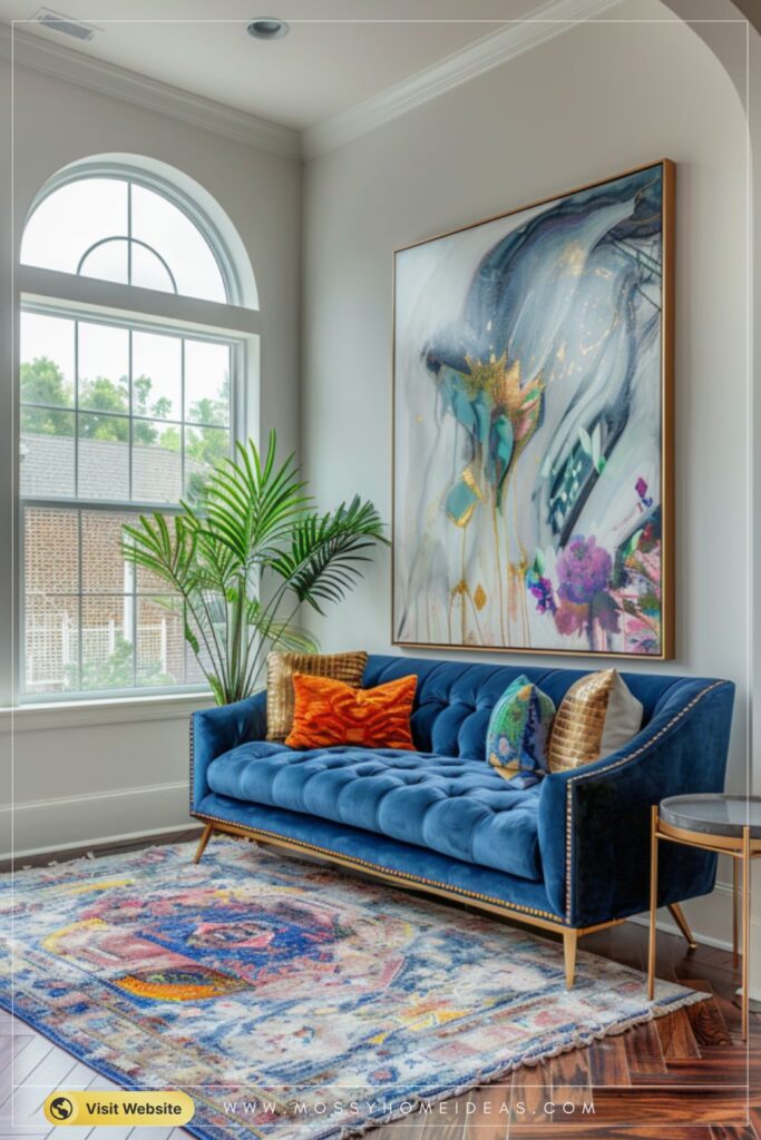 Sapphire Blue Velvet Gold Frame Sofa Glam Living Room