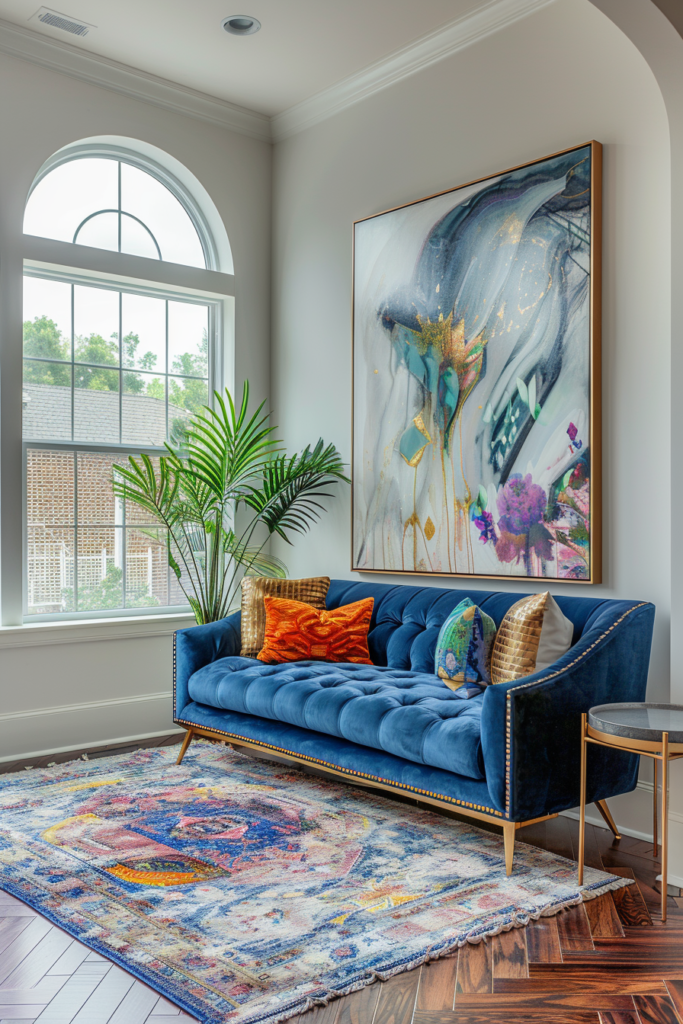 Sapphire Blue Velvet Gold Frame Sofa Glam Living Room