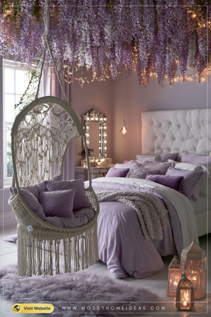 Serene Lavender Bedroom with a Hanging Macrame Chair