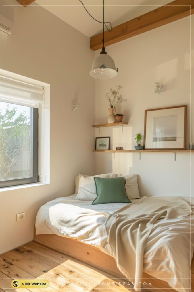 Small Green Scandinavian Bedroom with a Corner Daybed Layout