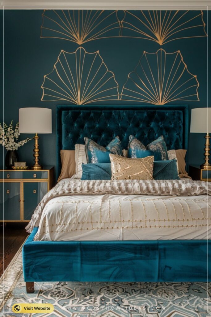 Teal Gold Chevron Bedroom Wall Stencil Design Ideas