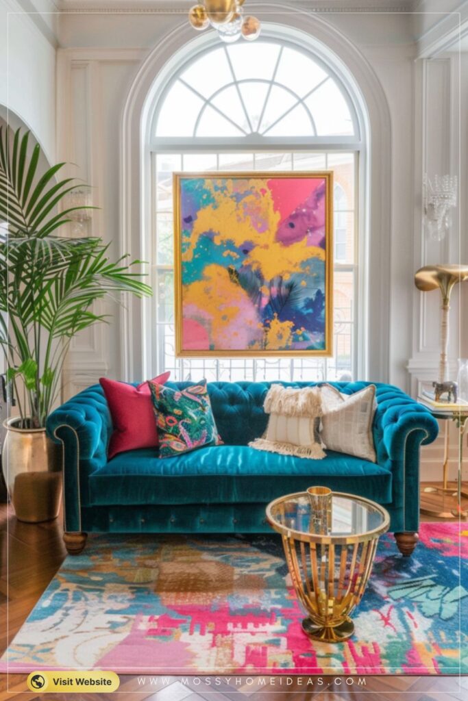 Teal Velvet Gold Frame Sofa Eclectic Living Room Decor