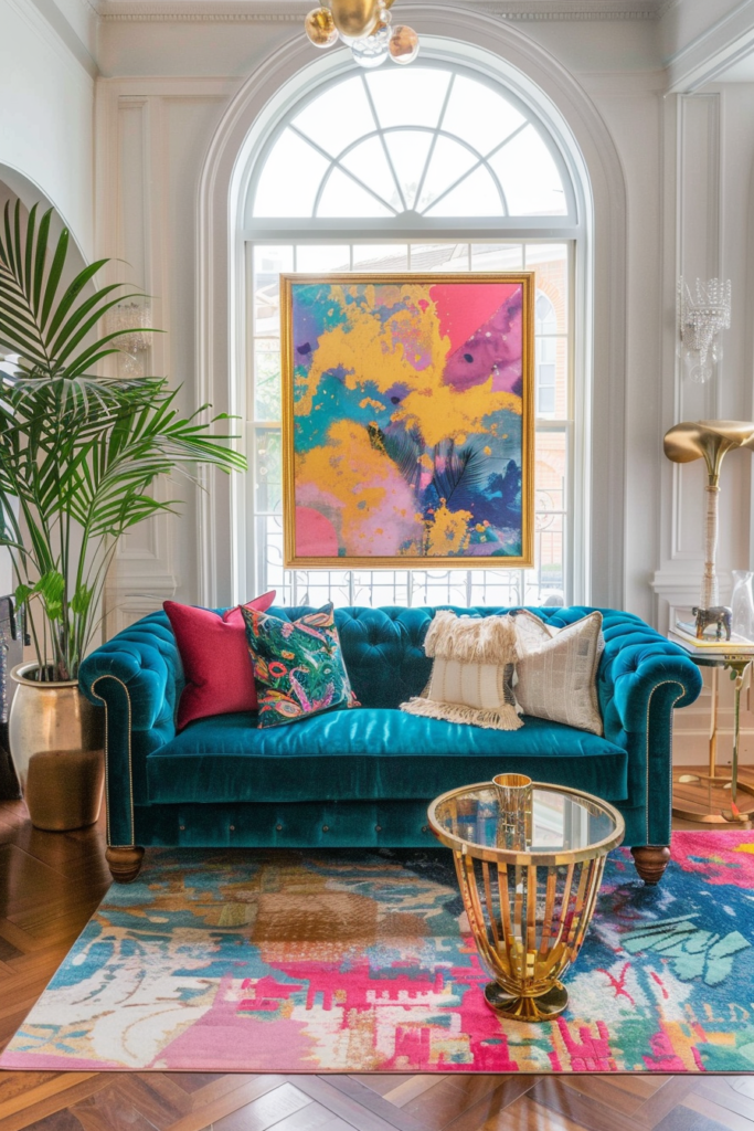Teal Velvet Gold Frame Sofa Eclectic Living Room Decor