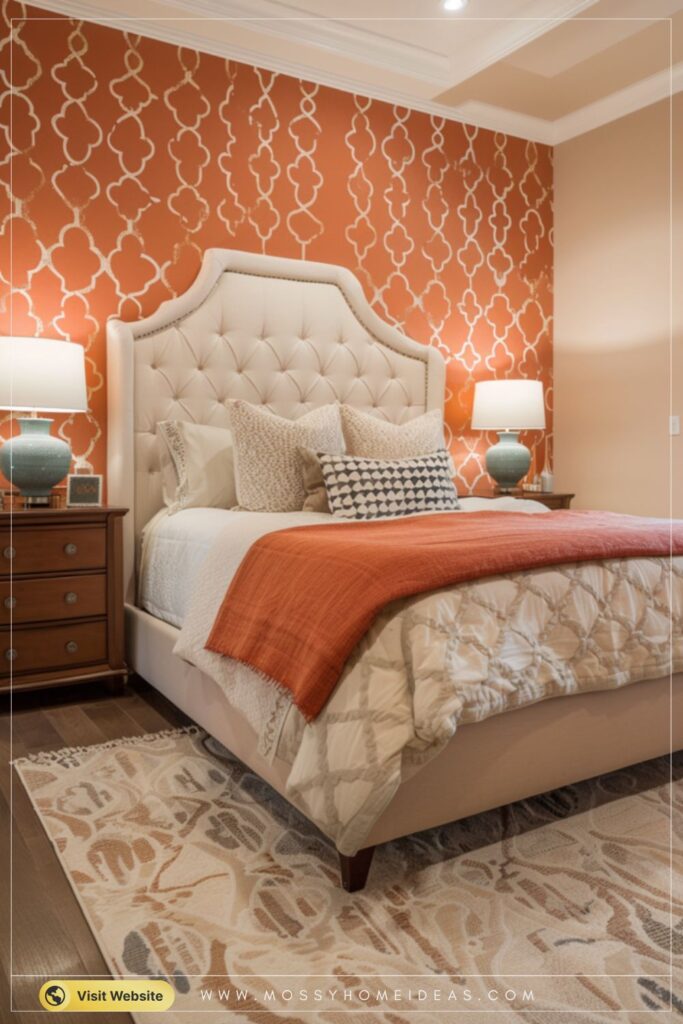 Terracotta Ivory Quatrefoil Bedroom Wall Stencil Ideas