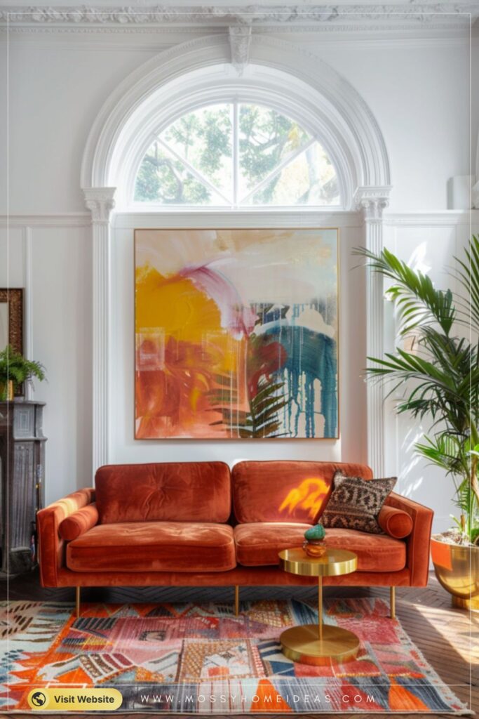 Terracotta Velvet Gold Sofa Abstract Art Living Room