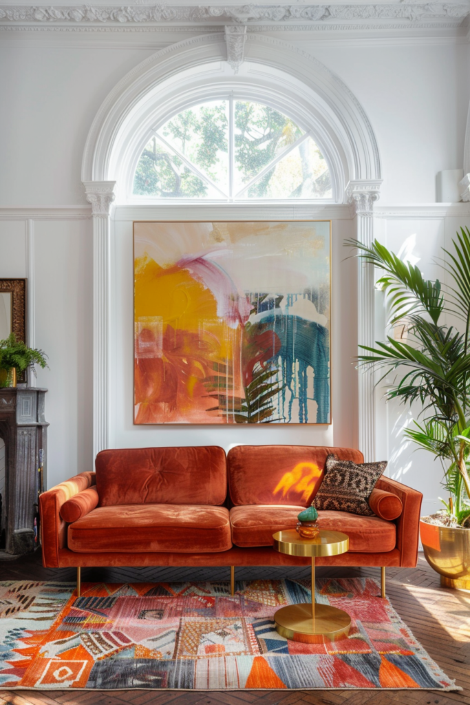 Terracotta Velvet Gold Sofa Abstract Art Living Room
