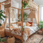 Warm Rattan Terracotta Bohemian Canopy Bed Decor Ideas