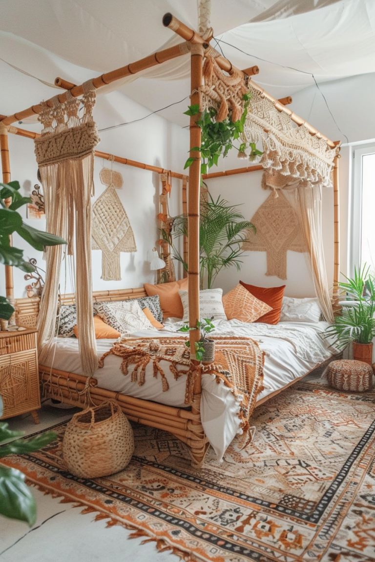 Warm Rattan Terracotta Bohemian Canopy Bed Decor Ideas