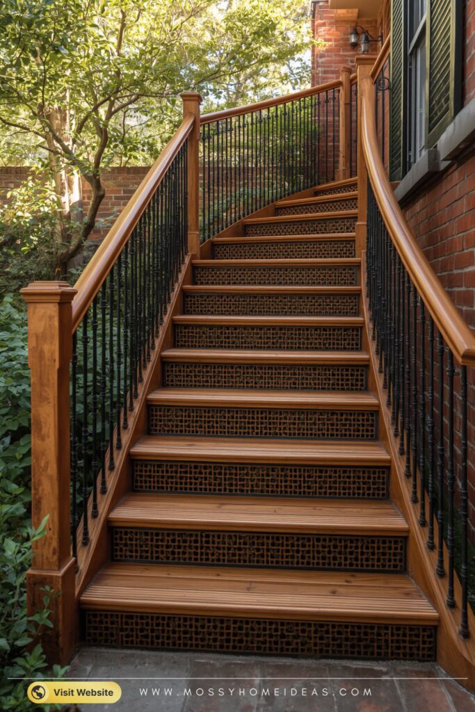Amber Wood Steps Curve With Iron Grates