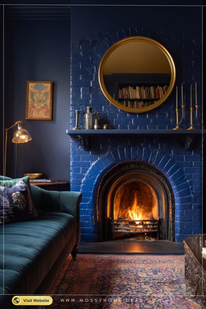 Aura Indigo Fireplace with Brass Accents in Moody Eclectic Lounge