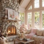 Blush-Toned Stone Fireplace with Soft Vintage Cabin Charm