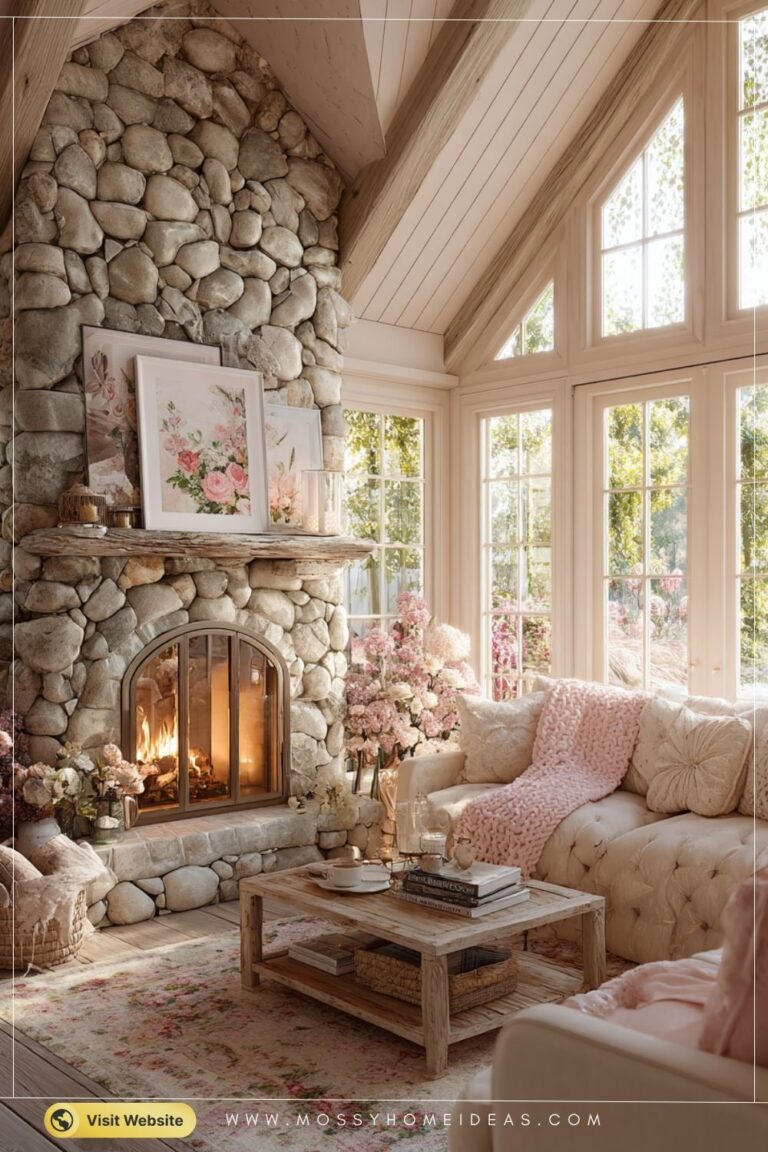 Blush-Toned Stone Fireplace with Soft Vintage Cabin Charm