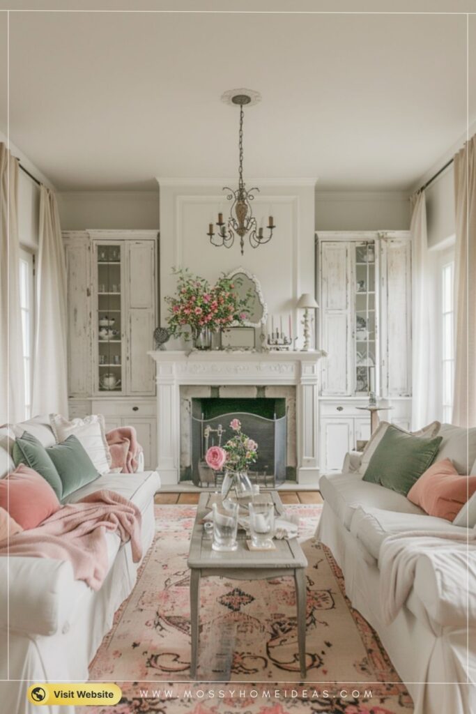 Blush and Moss Green Pillows French Provincial Living Room