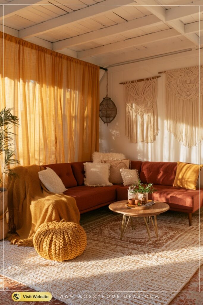 Boho Living Room Curtain Dividers in Mustard and Terracotta Tones