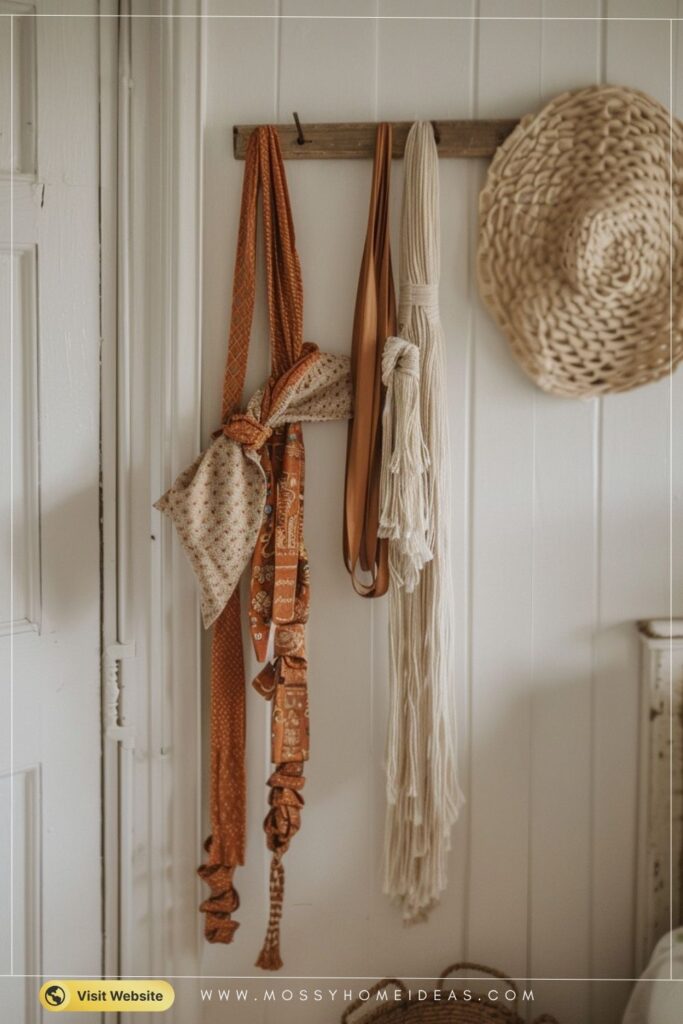 Boho Terracotta Closet-Door Tie Rack with Rattan Charm