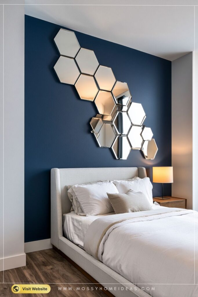 Bold Honeycomb Hexagon Mirror Wall On Navy Bedroom