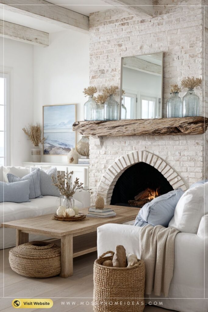 Breezy Whitewashed Brick Fireplace with Coastal Farmhouse Charm