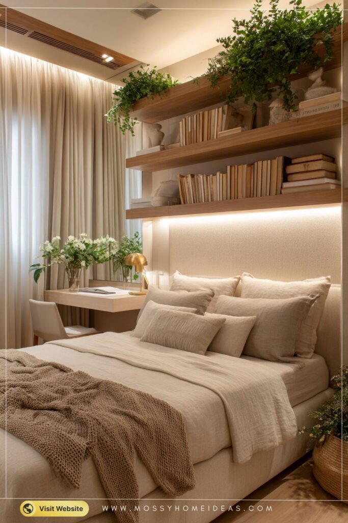 Bright Scandinavian Single Bedroom with Floating Shelves