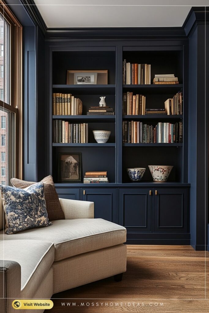 Built-In Bookshelves in Deep Navy for a Bold Small Living Room