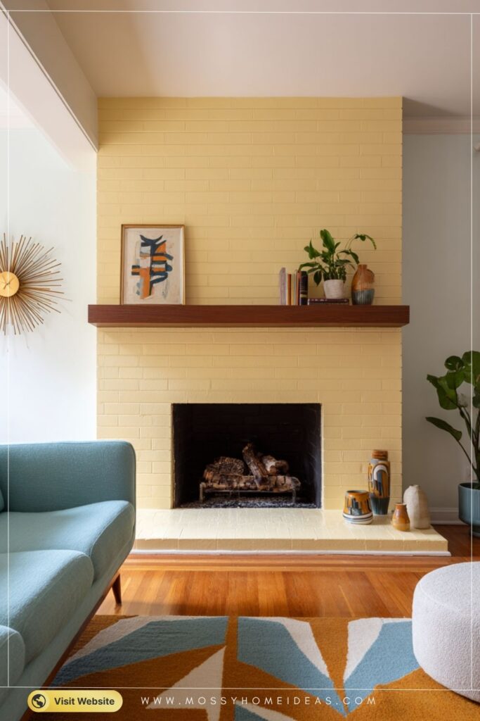 Butter Yellow Fireplace Wall in Cheerful Mid-Century Living Room