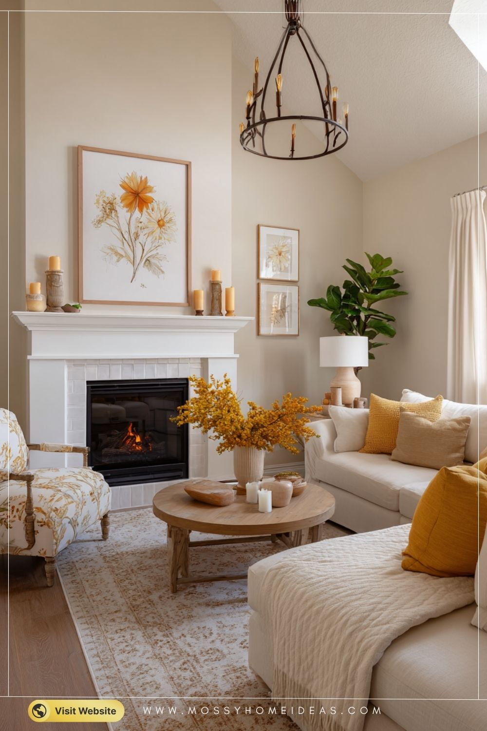 Butter Yellow Living Room with Cheerful Fireplace Mantel Charm
