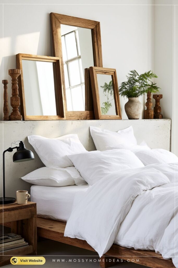 Calm Scandinavian Bedroom Styled With Stacked Wooden Mirrors