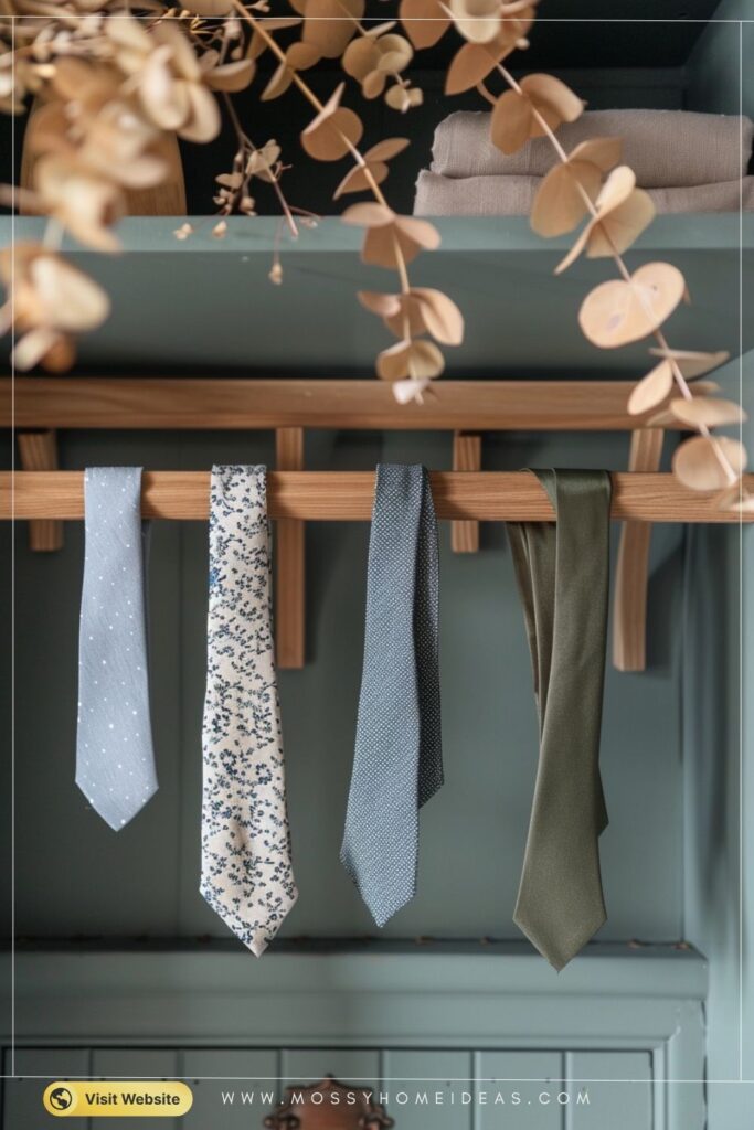 Cedar Wooden Tie Hanger in a Sage-Green Closet