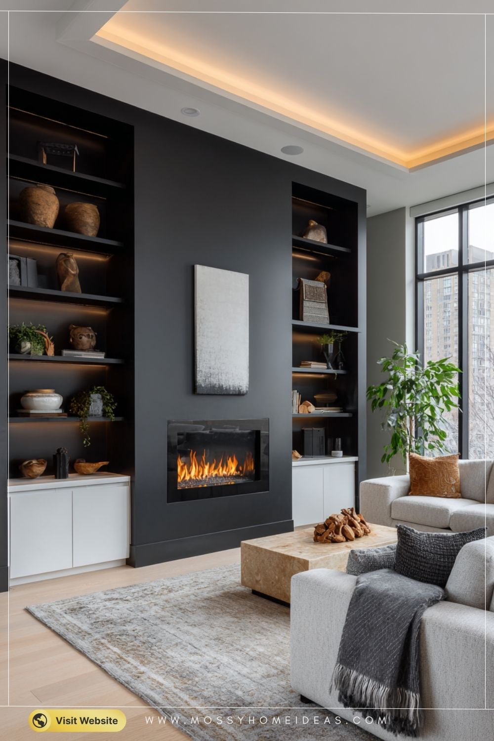 Charcoal Black Minimal Luxury Fireplace Feature Wall