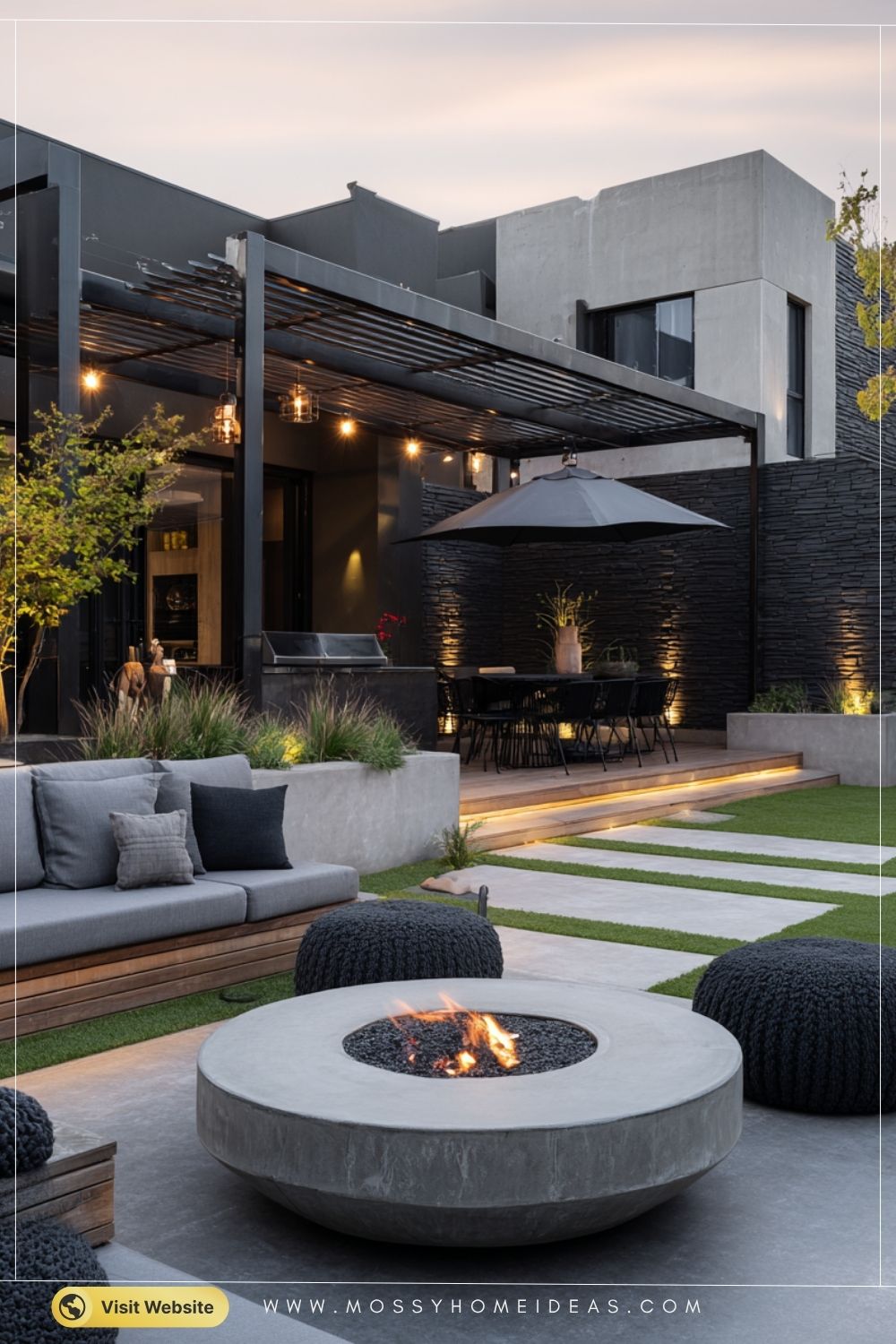 Charcoal Modern Backyard with Sleek Fire Pit & Water Feature