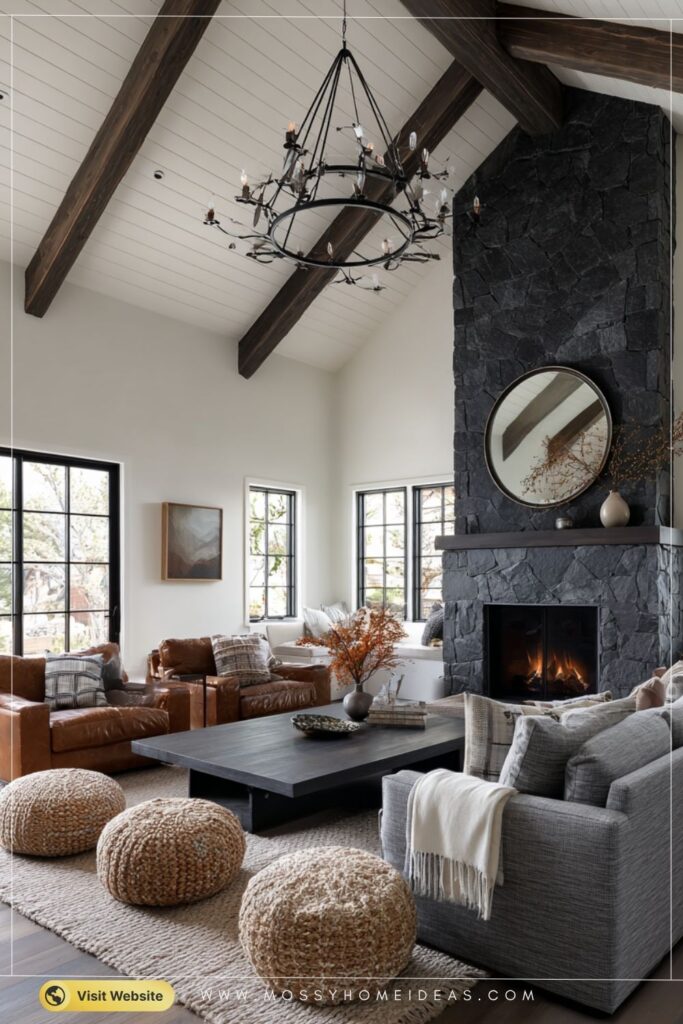 Charcoal Stone Fireplace with Walnut Beams in Modern Mountain Lounge