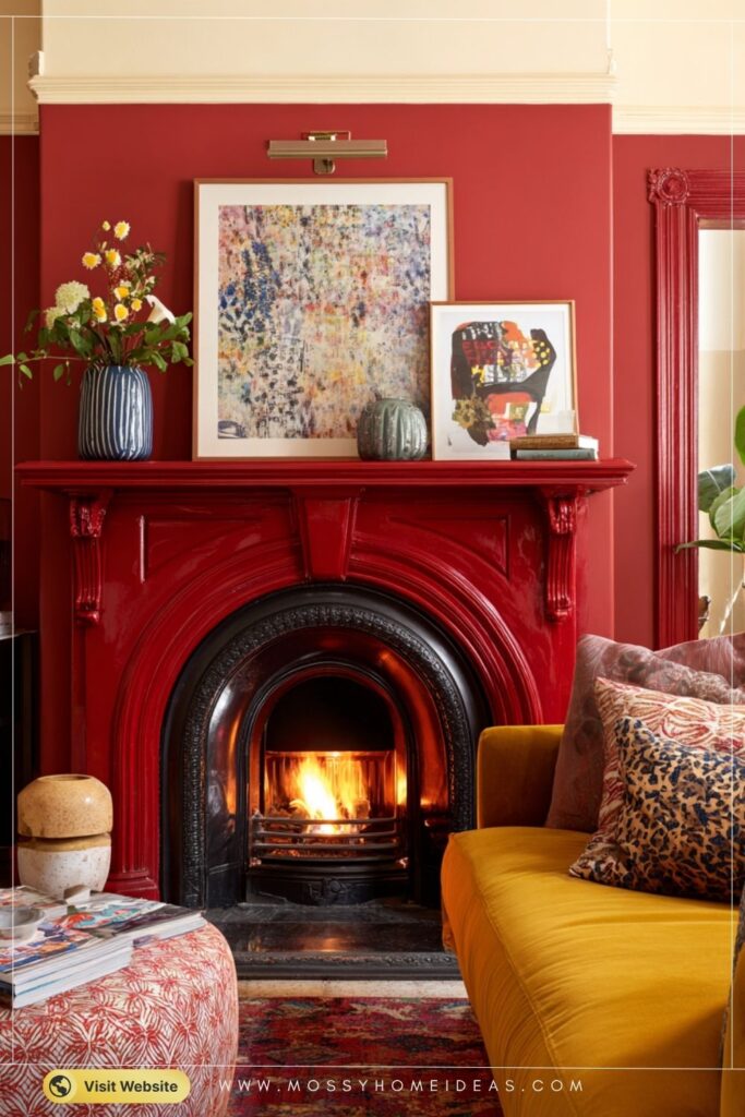 Cherry Red Fireplace Nook in Bold Maximalist Living Room