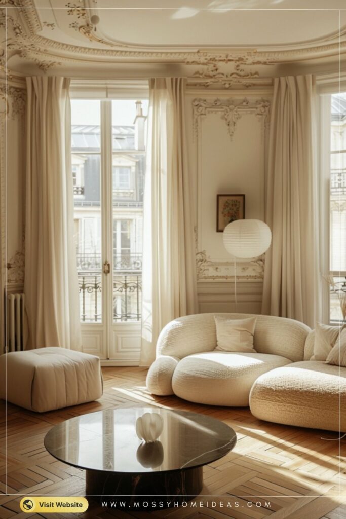 Chic Parisian Living Room Ideas with Cream Boucle Sofa Decor