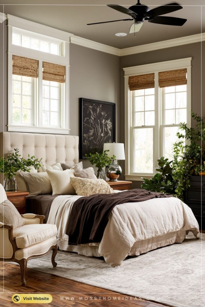 Classic Neutral Bedroom Brightened By Windows And Transom
