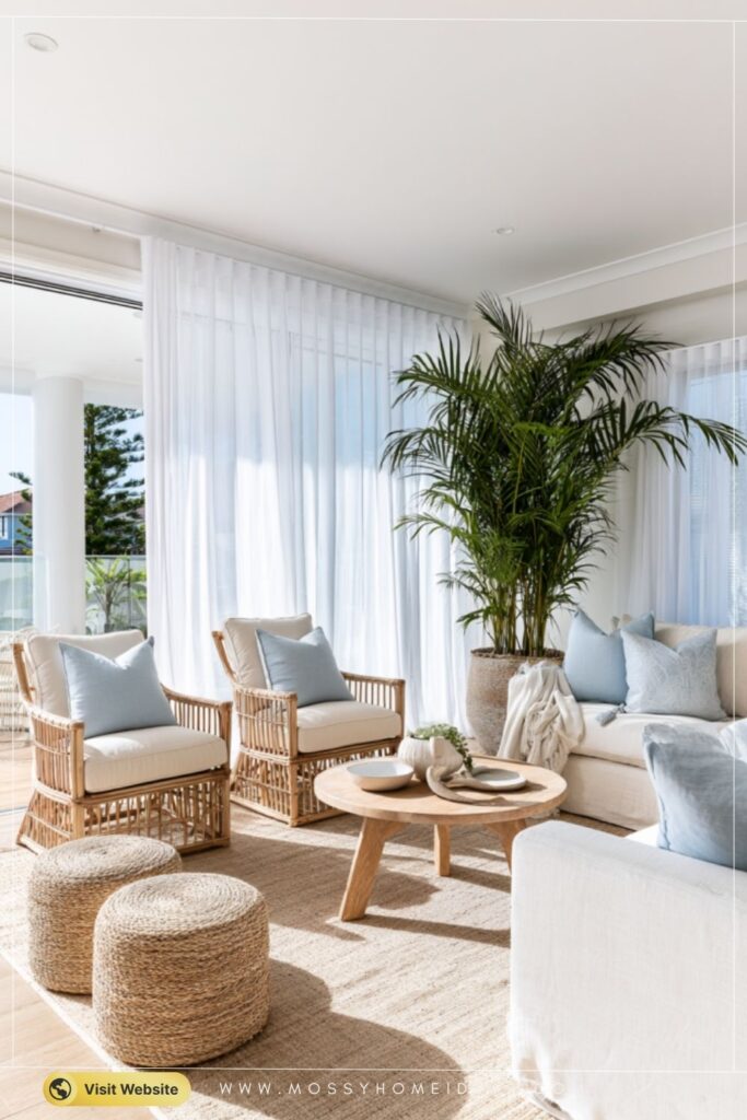 Coastal Living Room Ideas with Soft Blue Curtain Dividers