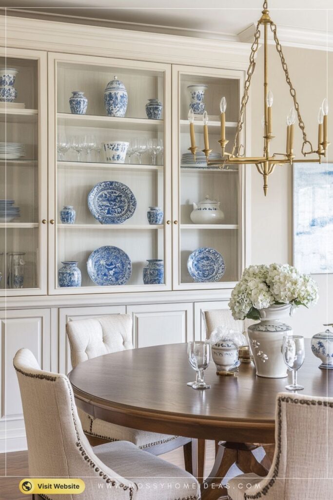 Coastal White Built-In Dining Hutch with Soft Blue Ceramics