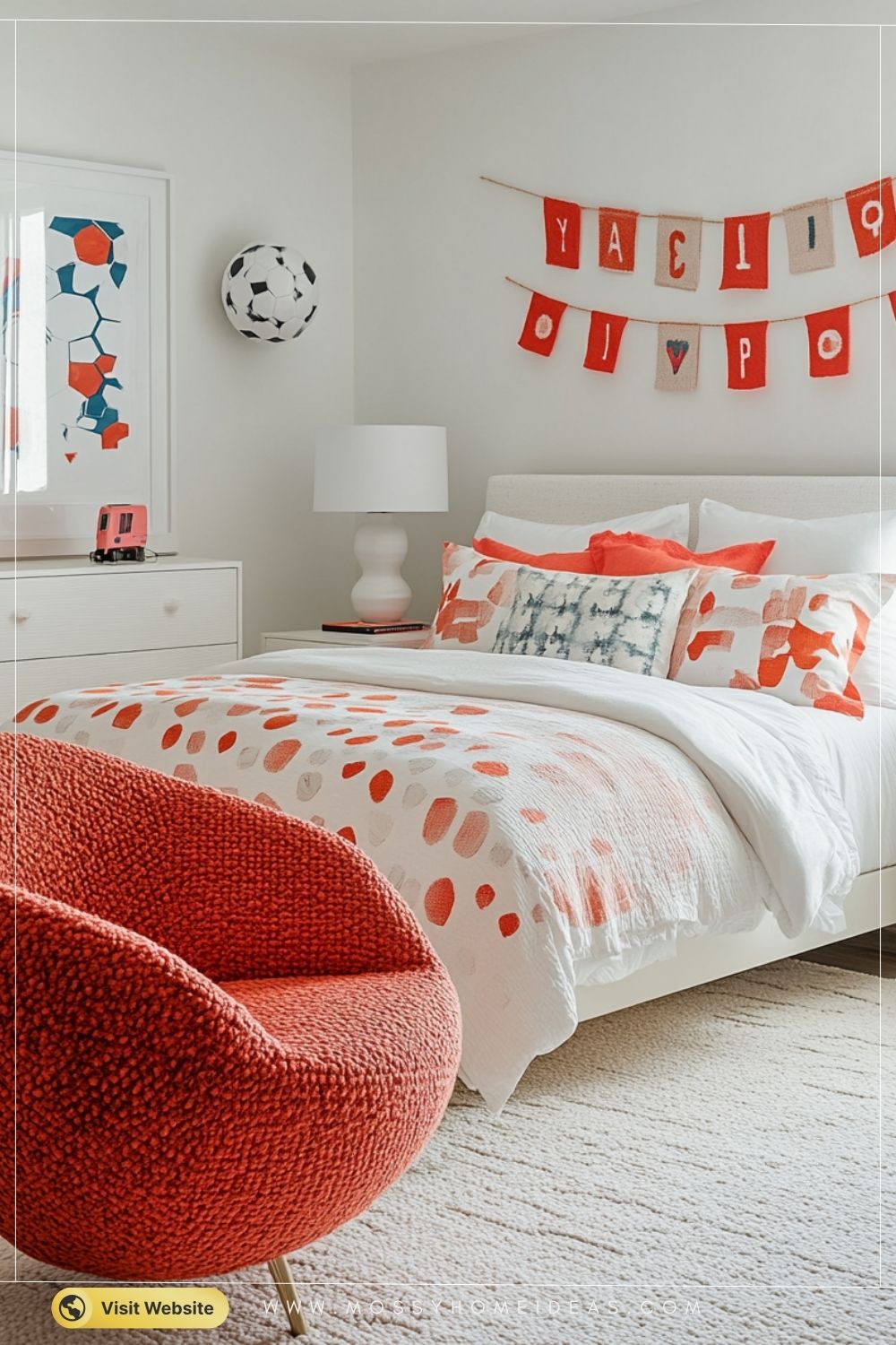 Coral & White Soccer Themed Bedroom for Young Fans