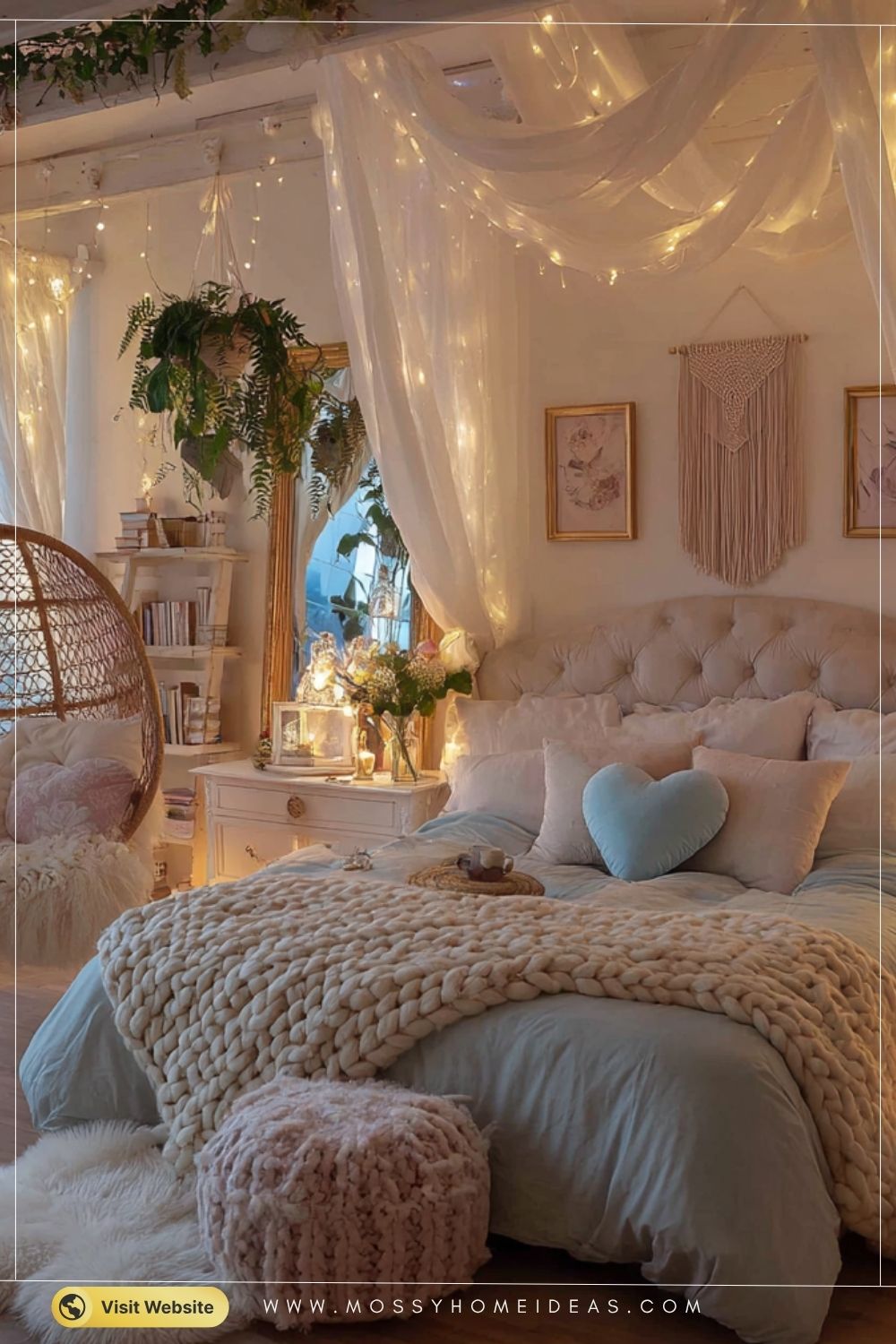 Cozy Aesthetic Bedroom with Hanging Chair Twinkling Lights