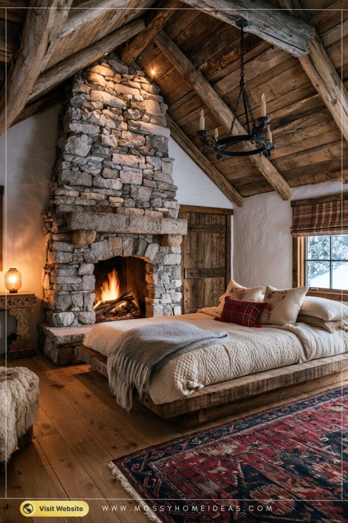 Cozy European Farmhouse Bedroom Warmed By Stone Fireplace