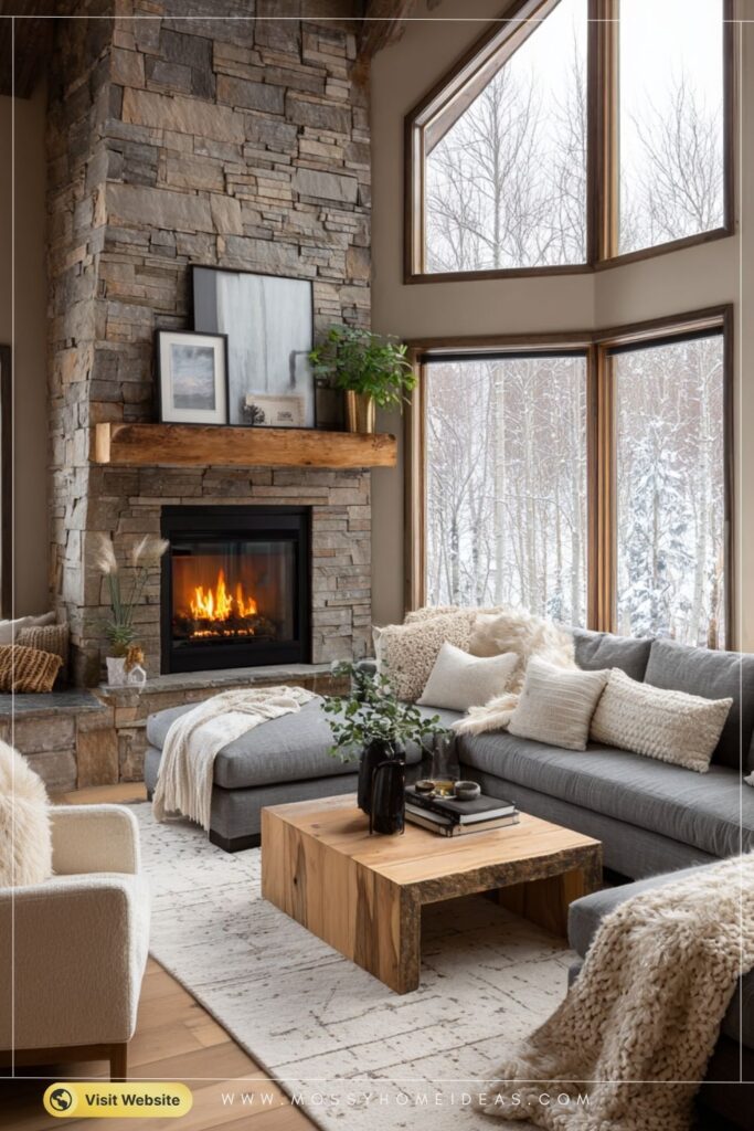 Cozy Natural Stone Corner Fireplace with Snowy Forest Views