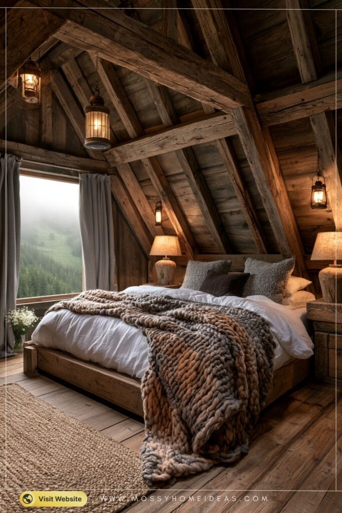 Cozy Rustic Attic Bedroom With Warm Wooden Beams