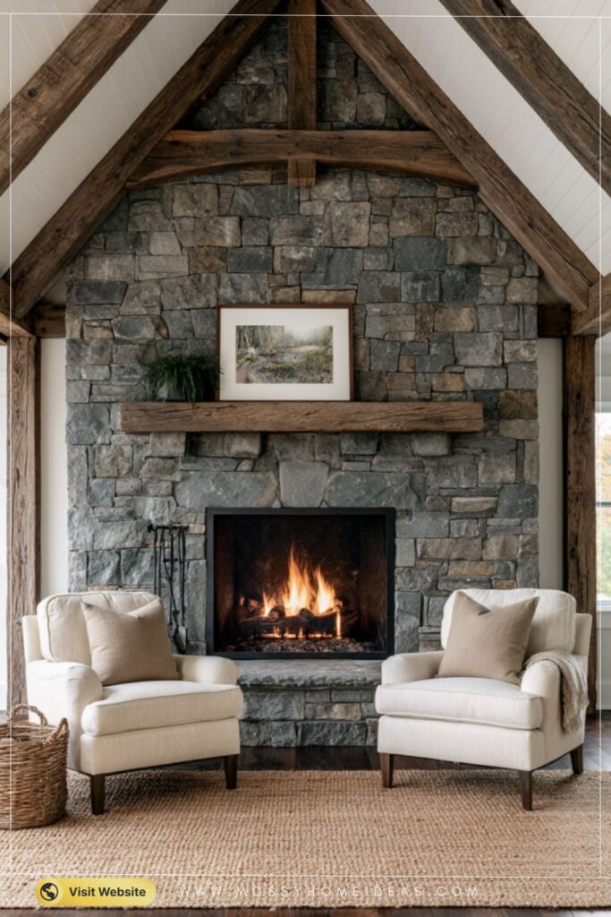 Cozy Stone Fireplace Glow in a Vaulted Cabin Room