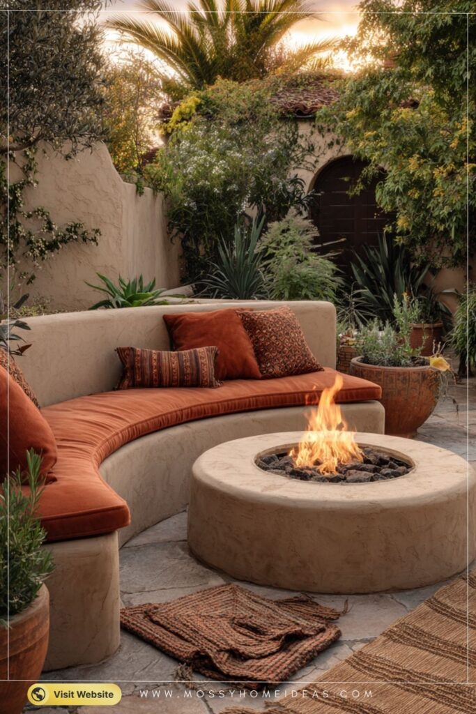 Cozy Terracotta Square Fire Pit with Built-In Stone Seating