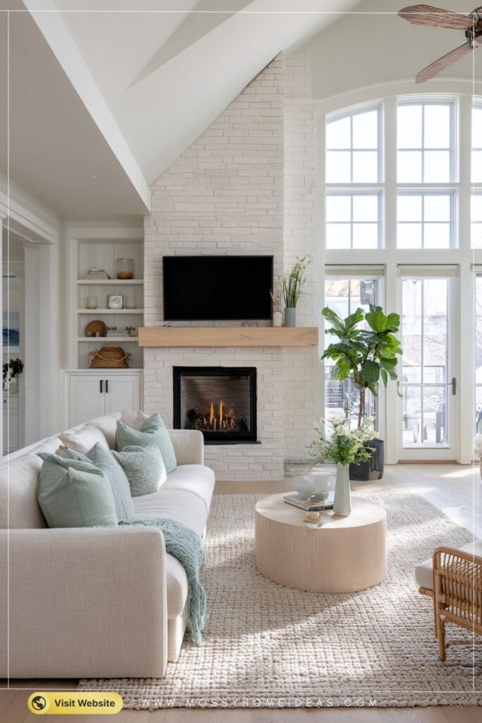 Crisp White Painted Brick Fireplace with TV