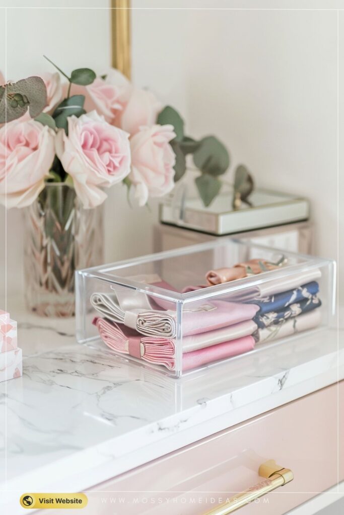 Crystal-Clear Acrylic Tie Box on a Blush Vanity