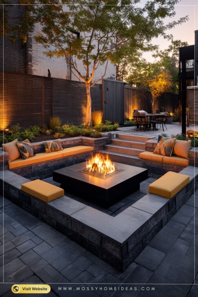 Dark Slate Square Fire Pit with Built-In Grill for Backyard BBQs