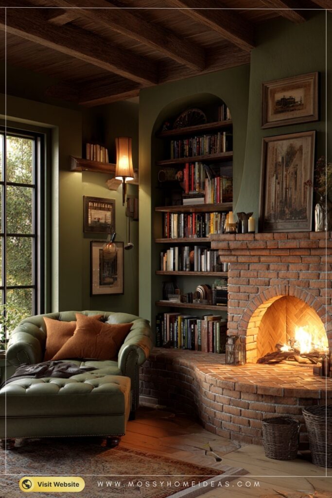 Deep Olive Retreat Corner Brick Fireplace Library Lounge