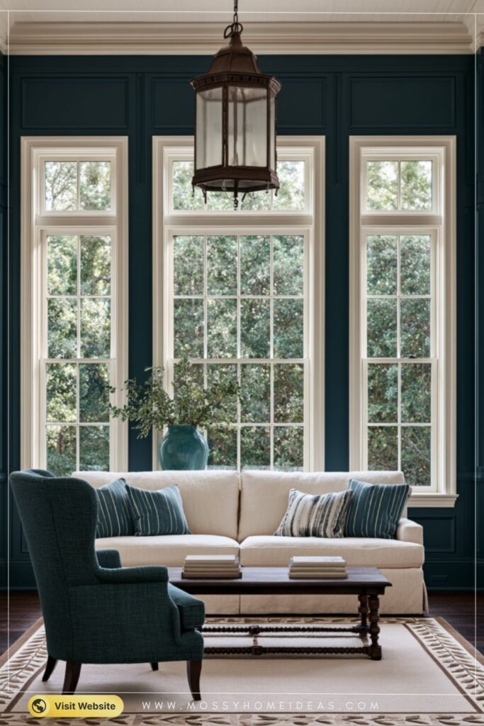 Deep Teal Walls With a Statement Lantern Fixture