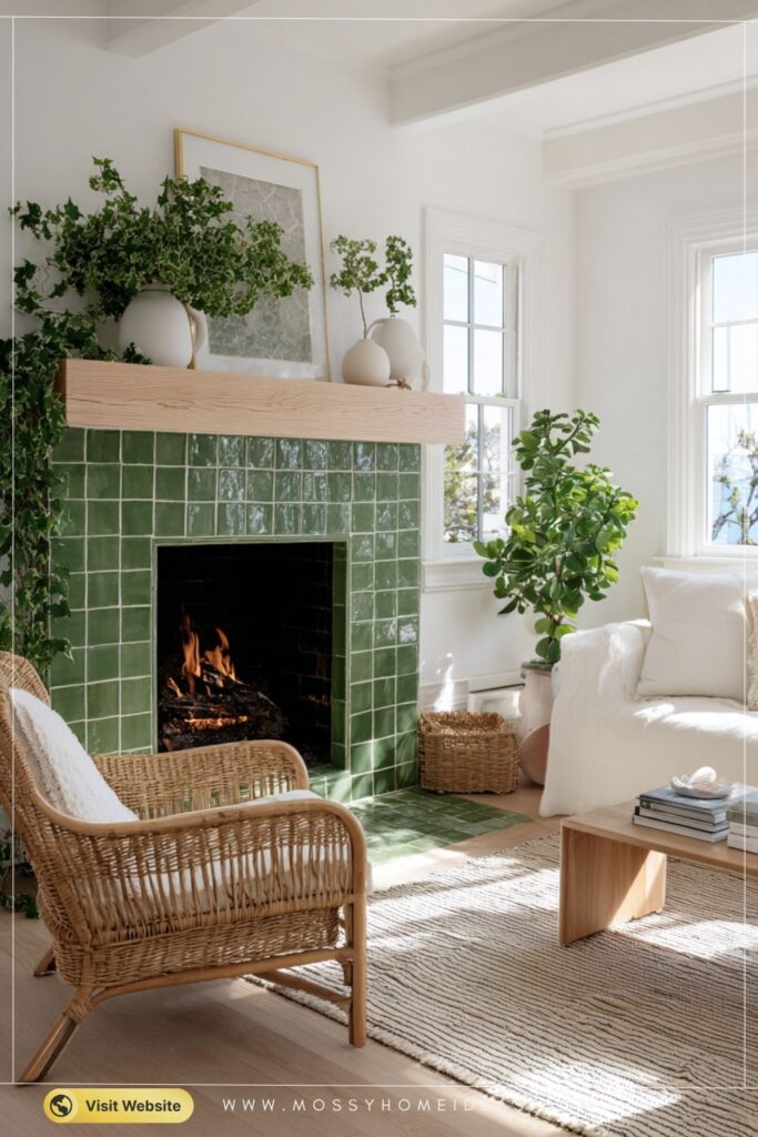 Dill Green Tile Fireplace in Fresh Modern Coastal Living Room