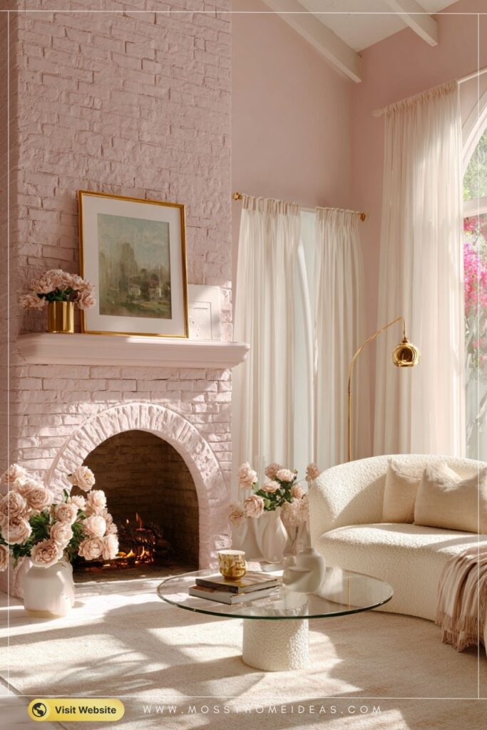 Dreamy Blush Pink Brick Fireplace for a Soft, Feminine Living Room